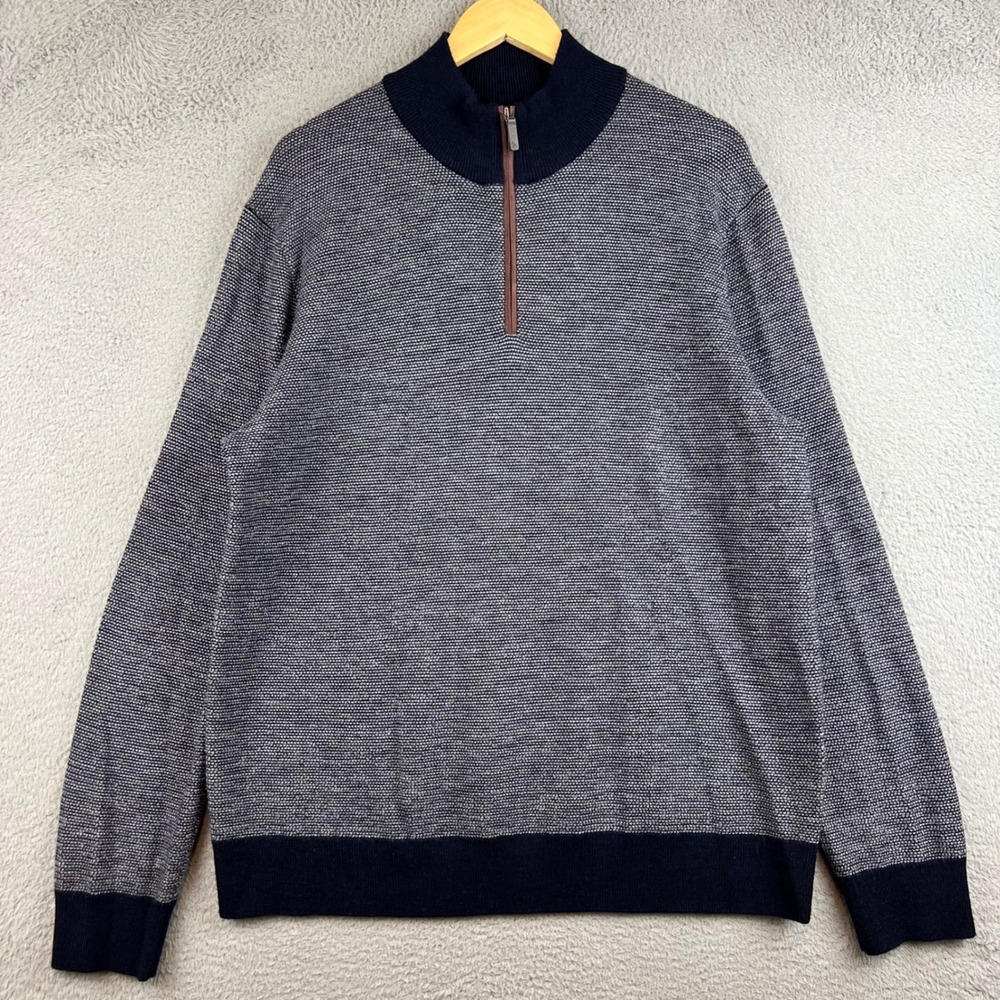UNTUCKit Belguardo Jacquard Navy 100% Merino Wool Quarter Zip Sweater Mens Large